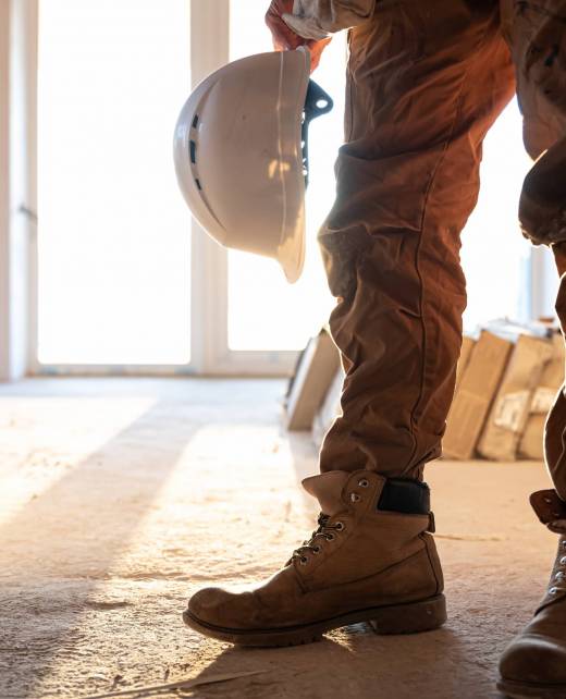 A man builder in work clothes at a construction site, copy space.